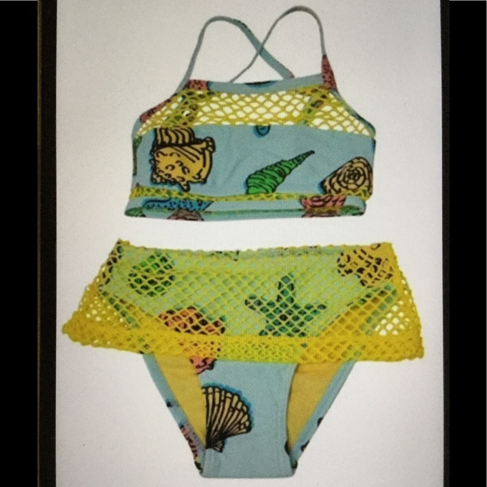NWT Vigoss SZ 4 Shells! Bright Yellow & Aqua Crochet Mesh Skirt Swim Set